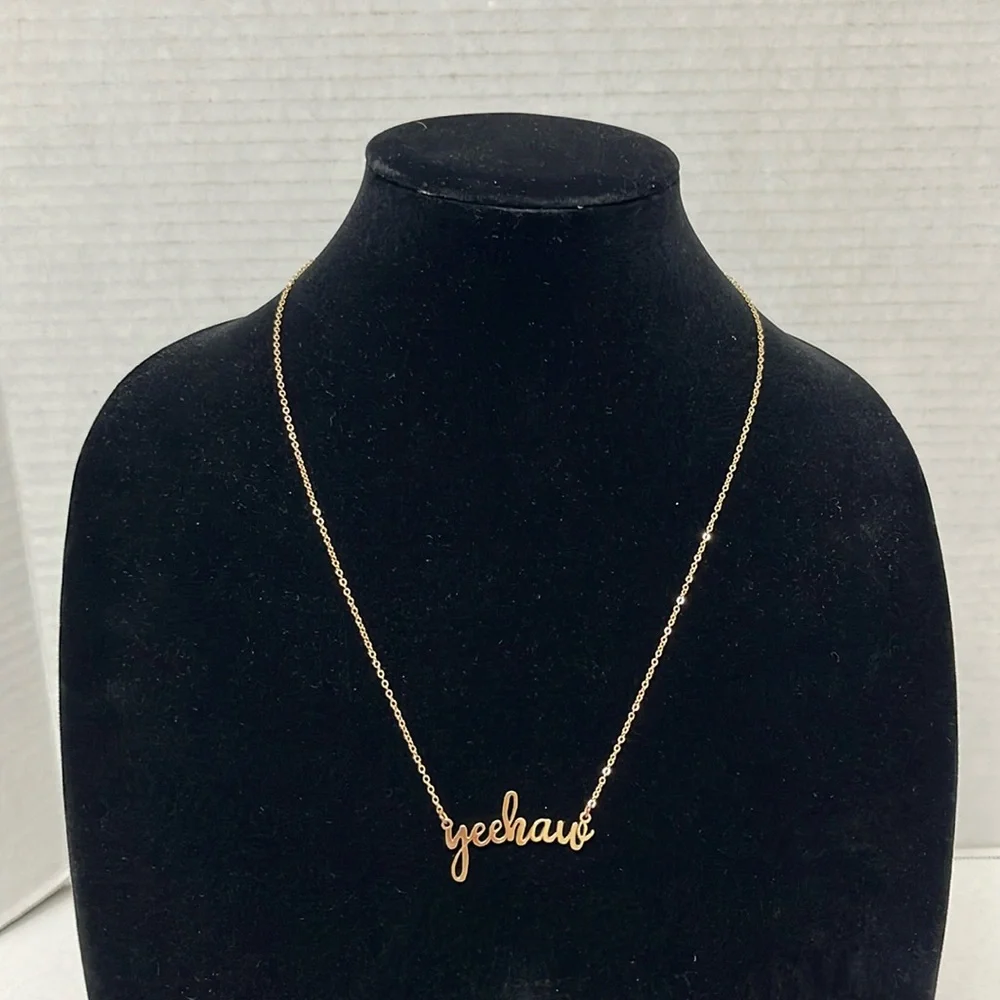 Gold tone yeehaw cursive scripture country western cowgirl rodeo necklace - Picture 2 of 11